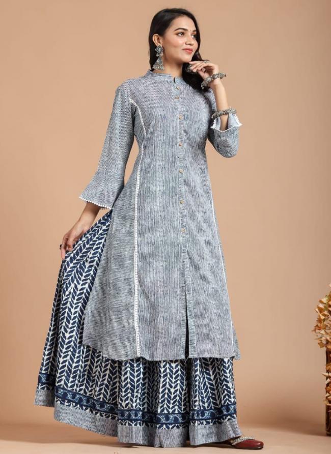 Cotton Grey Traditional Wear Printed Readymade Kurti With Plazzo